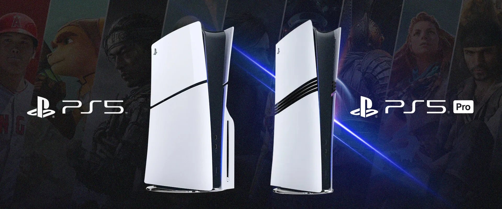 Imagem com diversos jogos de Playstation 5 ao fundo, com o PS5 original à esquerda com seu logo e o PS5 PRO à direita com seu logo