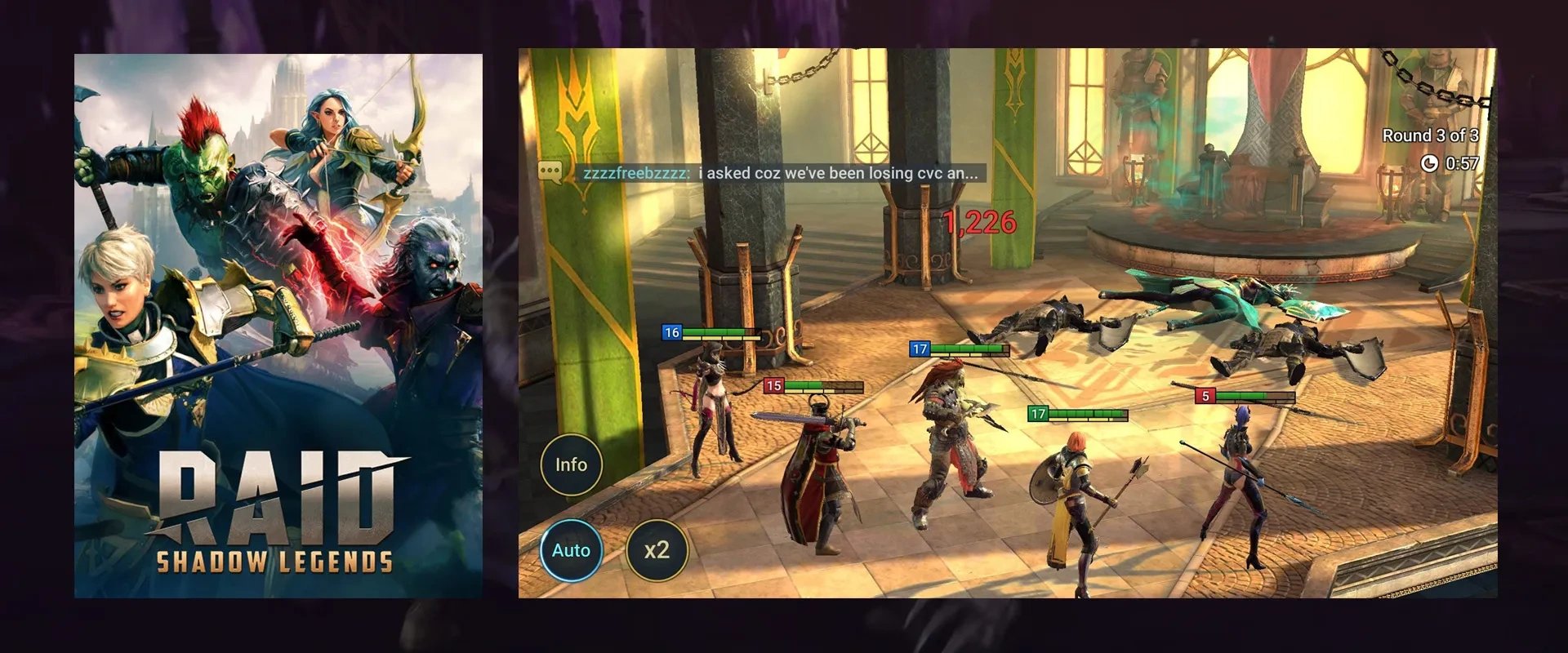 Arte de RAID: Shadow Legends à esquerda e imagem do jogo à direita