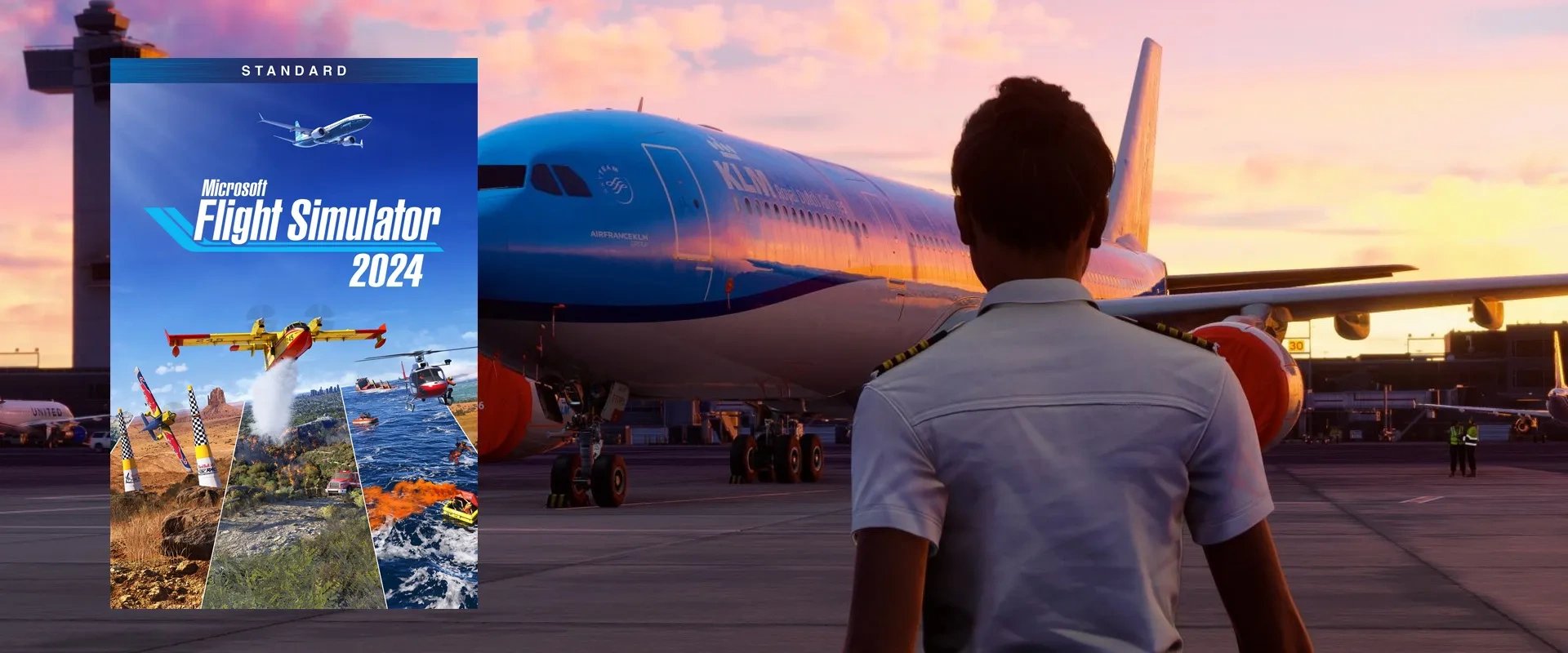Capa de Microsoft Flight Simulator 2024 à esquerda e imagem do jogo ao fundo