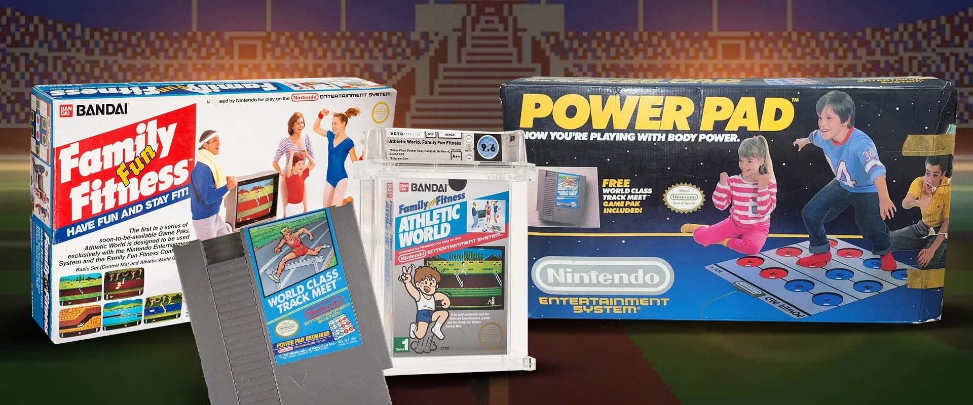 Imagem mostrando as caixas do Power Pad, Family Fun Fitness, que são acessórios para o NES, além de dois jogos World Class Track Meet e Atletic World 