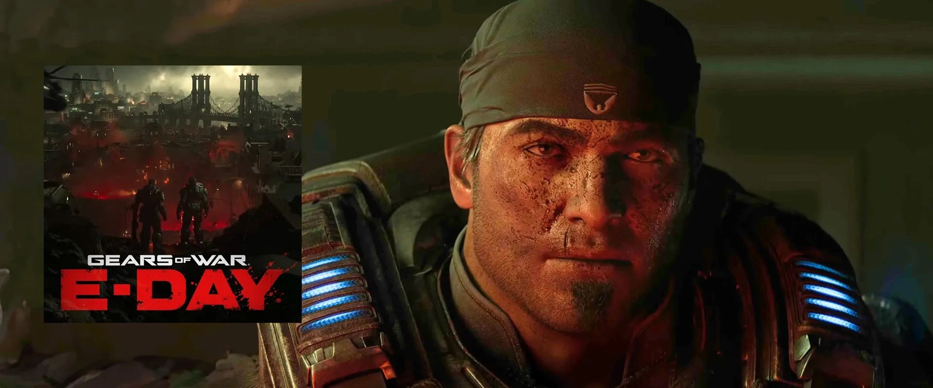Capa de Gears of War: E-Day à esquerda, e imagem do trailer ao fundo