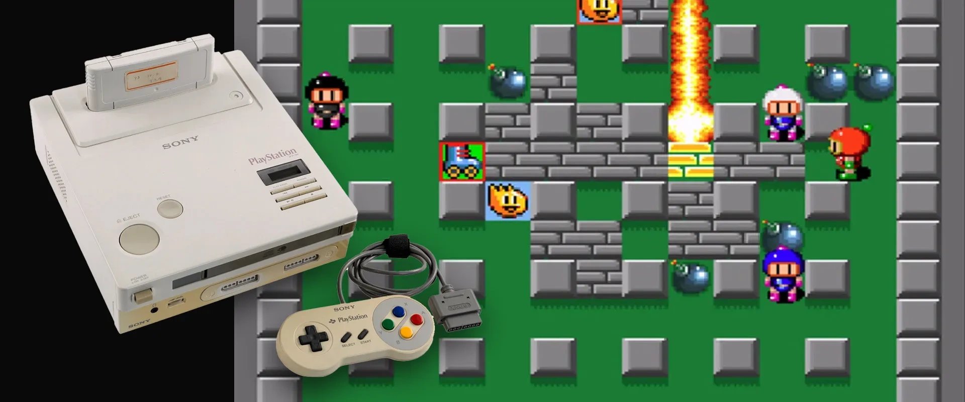 Imagem do console protótipo Nintendo PlayStation à esquerda e imagem do jogo bomberman ao fundo