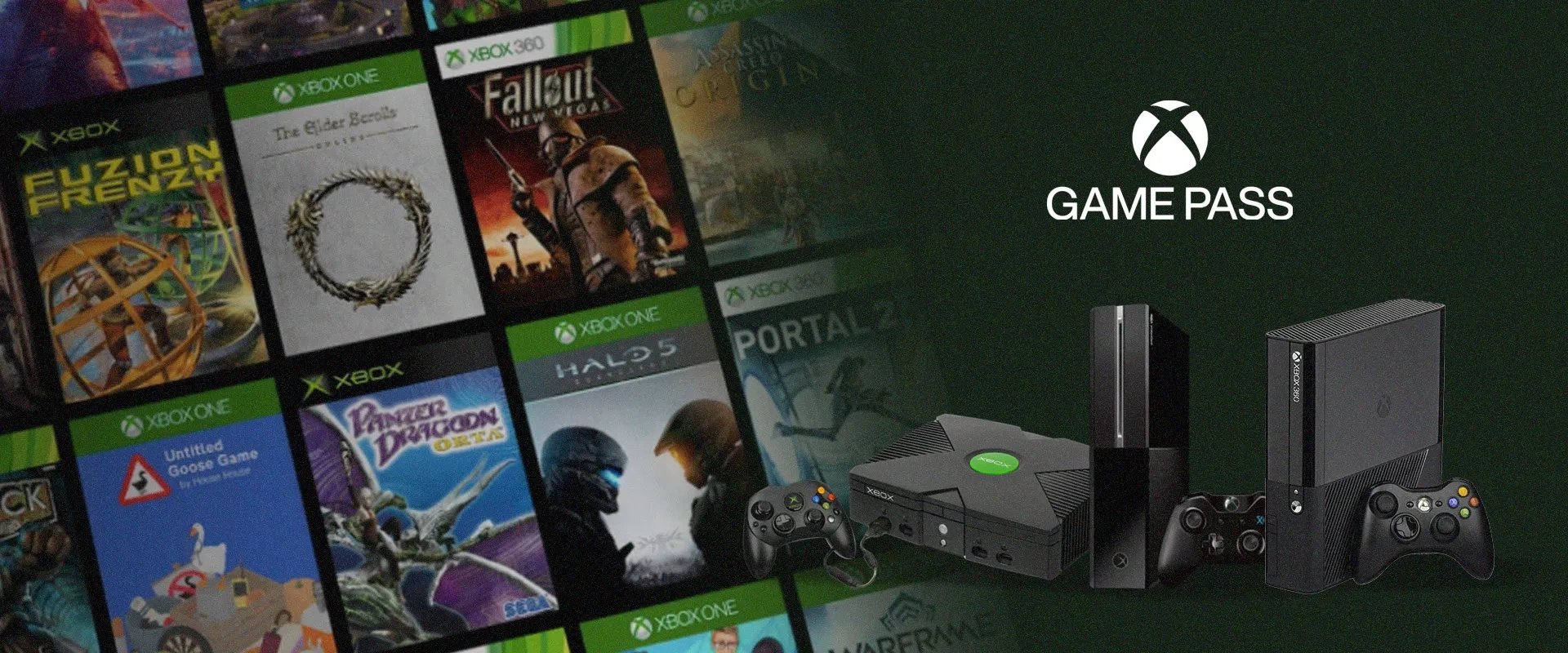 Colagem da capa de jogos da Xbox à esquerda, e os consoles Xbox, Xbox 360 e Xbox One à direita com o Logo do Xbox Game Pass