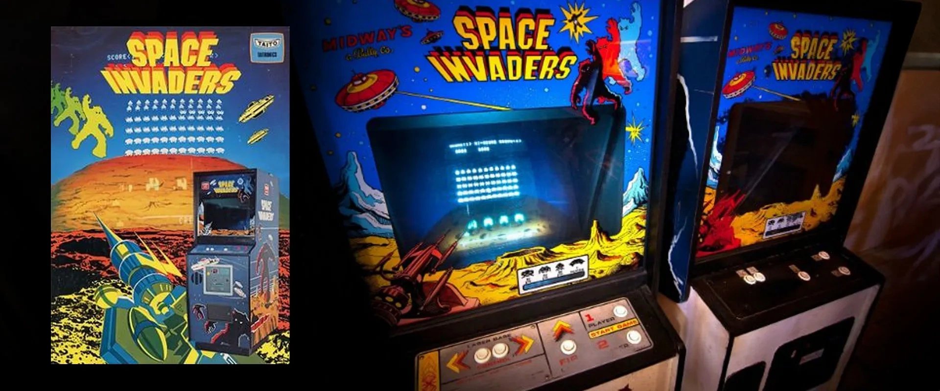Cartaz de Space Invaders à esquerda e foto da máquina de fliperama à direita