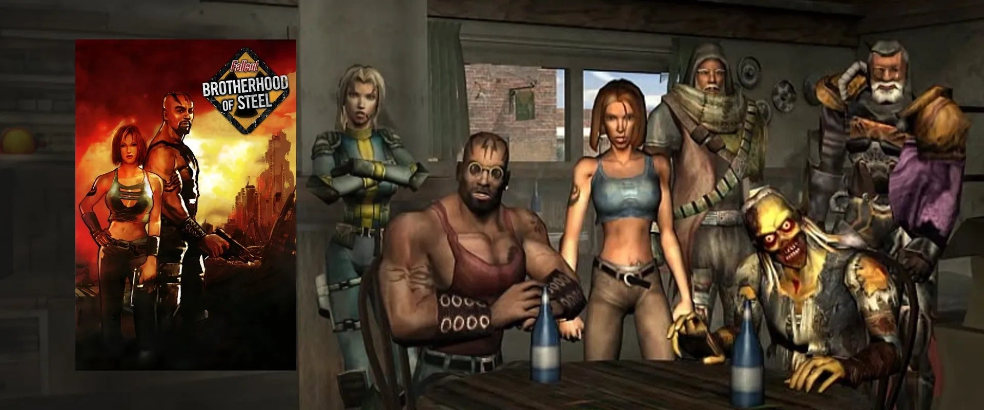 Capa de Fallout: Brotherhood of Steel À esquerda e imagem do jogo ao fundo