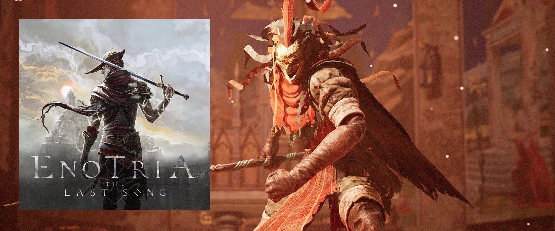 Capa de Enotria:The Last Song à esquerda e imagem do jogo ao fundo