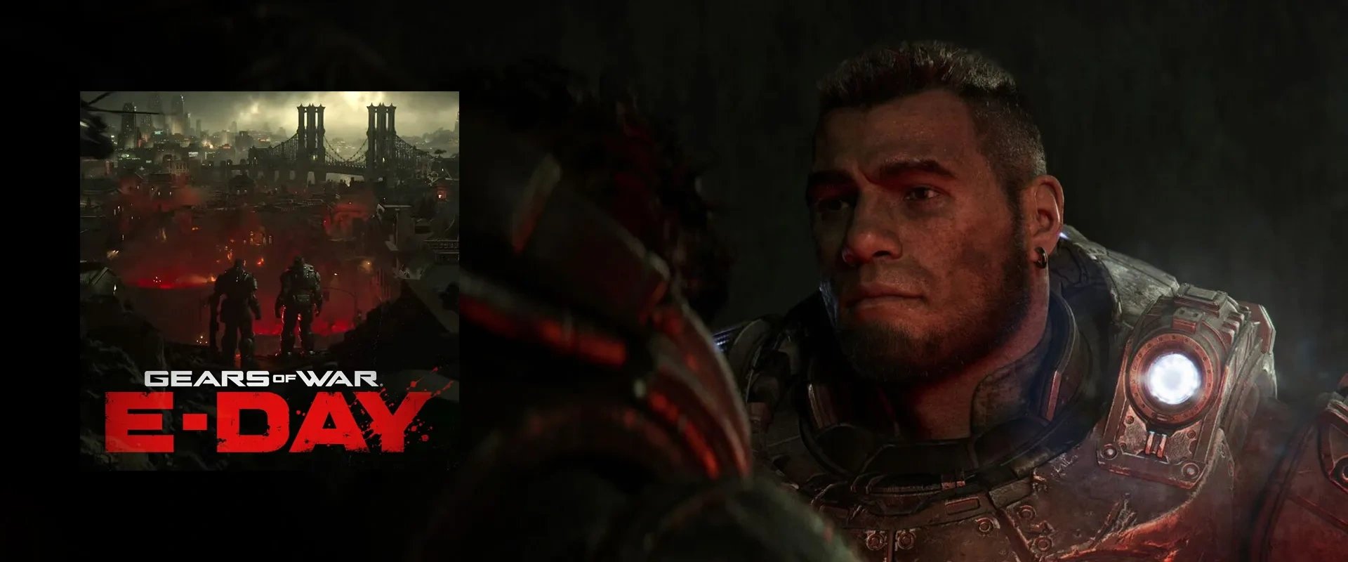 Capa do jogo Gears of War E-Day á esquerda e imagem do video do trailer à direita