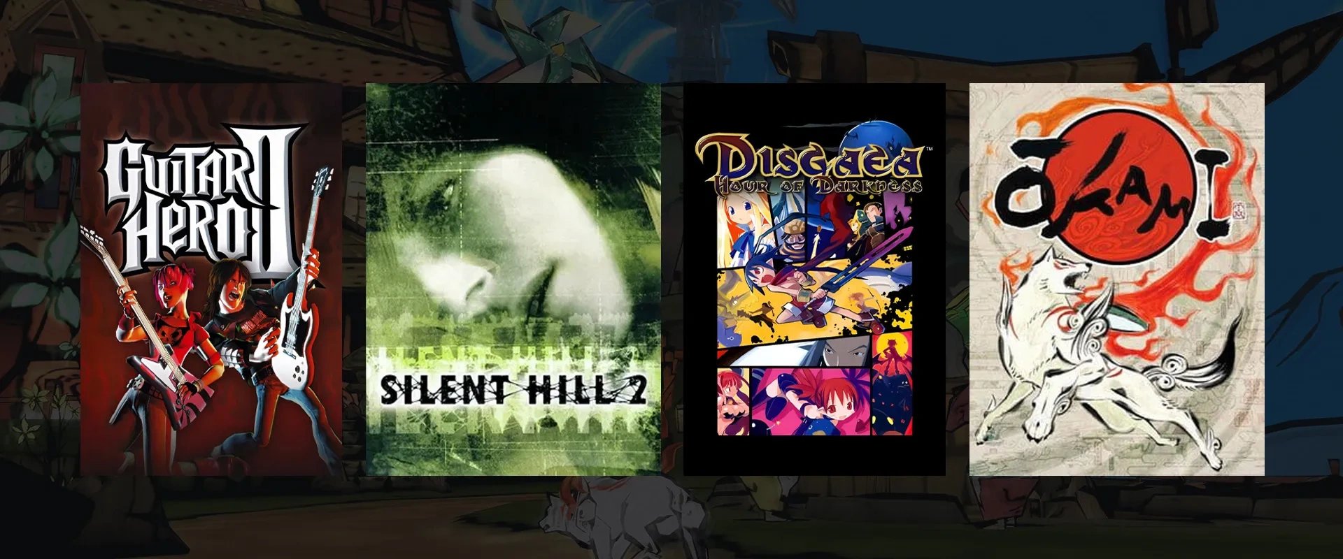 Imagem das capas de Guitar Hero II, Silent Hill 2, Disgaea : Curse of Darkness e Okami