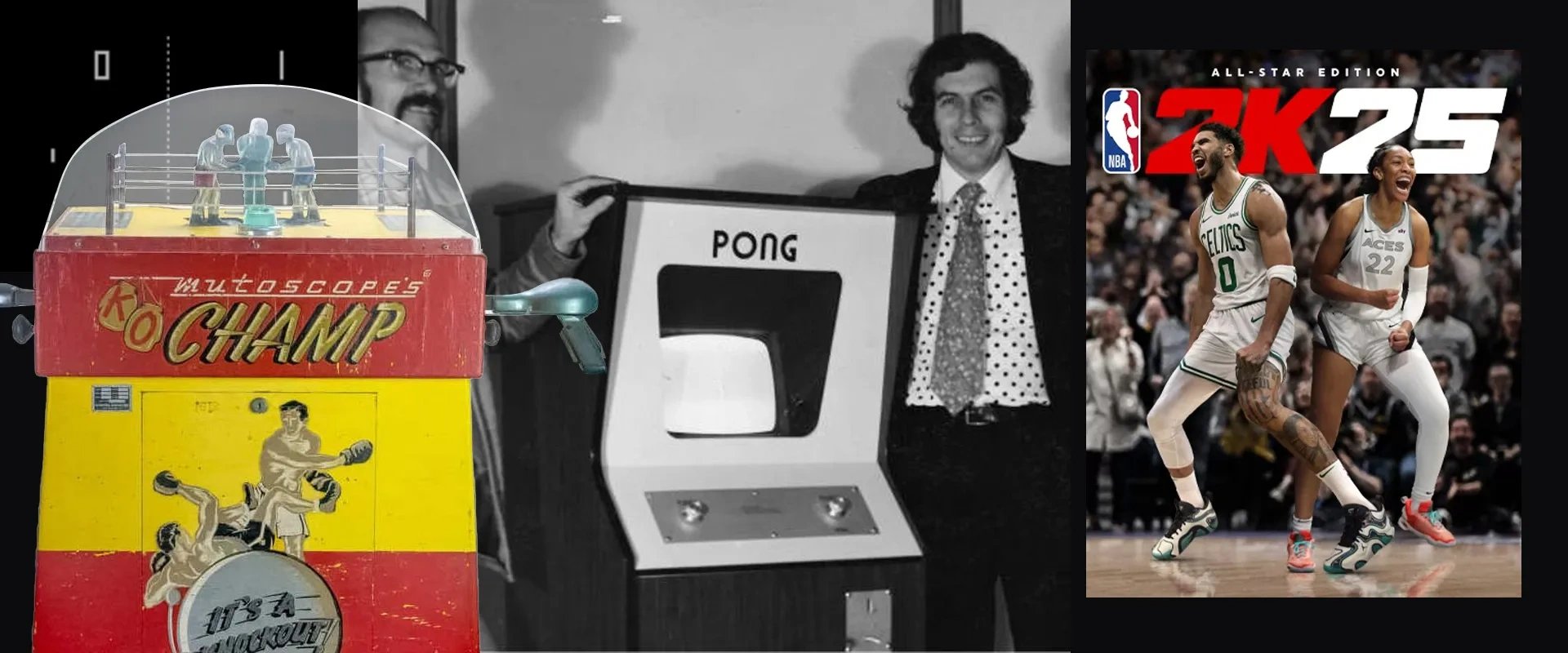 Imagem de três diferentes jogos de simulação, um de boxe à esquerda, Pong ao centro e 2k25 NBA à direita