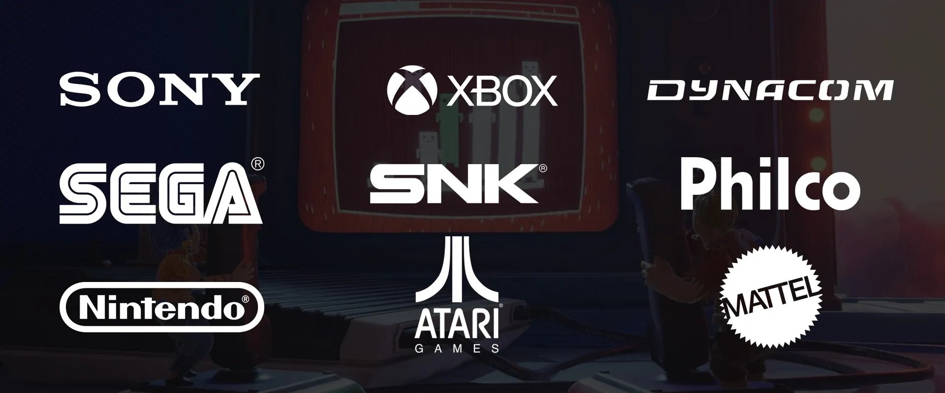 Imagem mostrando os logos de diferentes marcas de videogame: Sony, Xbox Dynacom, SEGA, SNK , Philco, Nintendo, Atari e Mattel