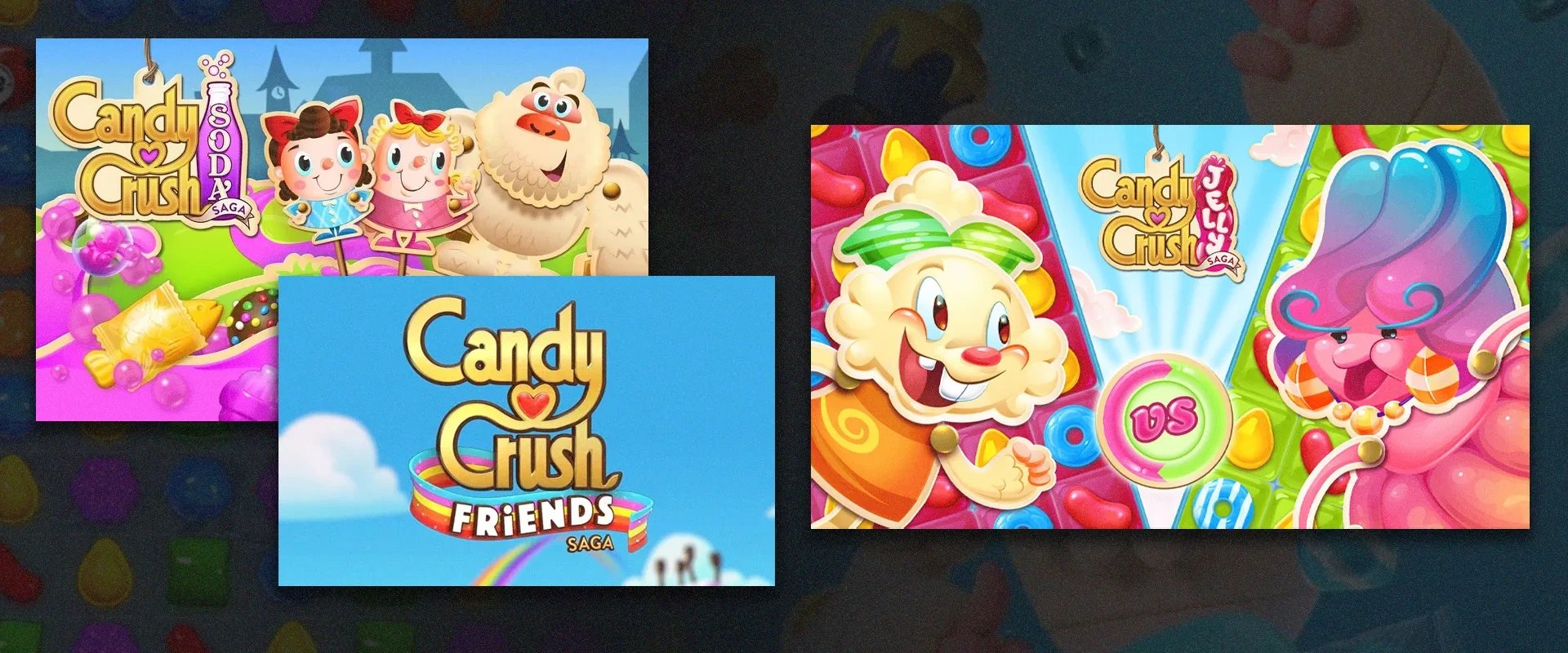Imagem mostrando as capas dos diferentes jogos spin-offs de Candy Crush