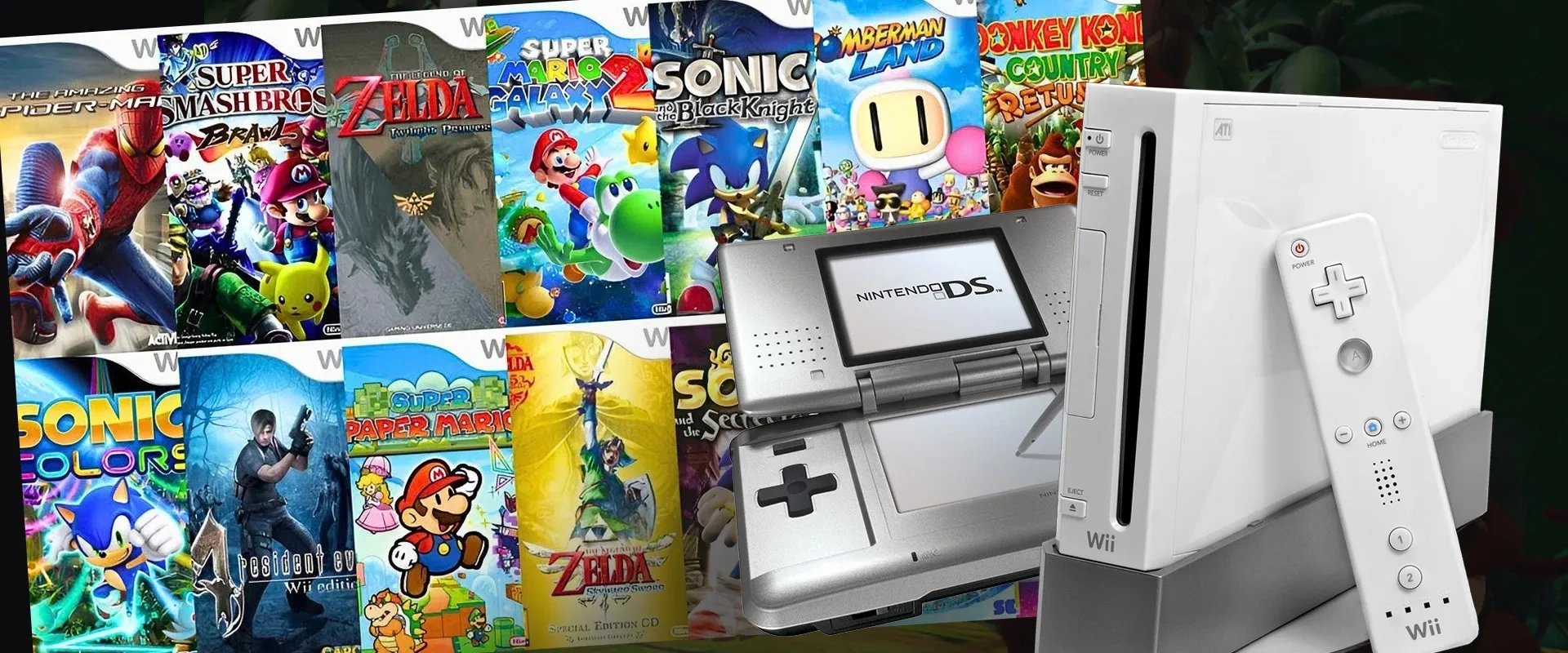 Capa de diversos jogos à esquerda e imagem dos consoles DS e Wii à direita