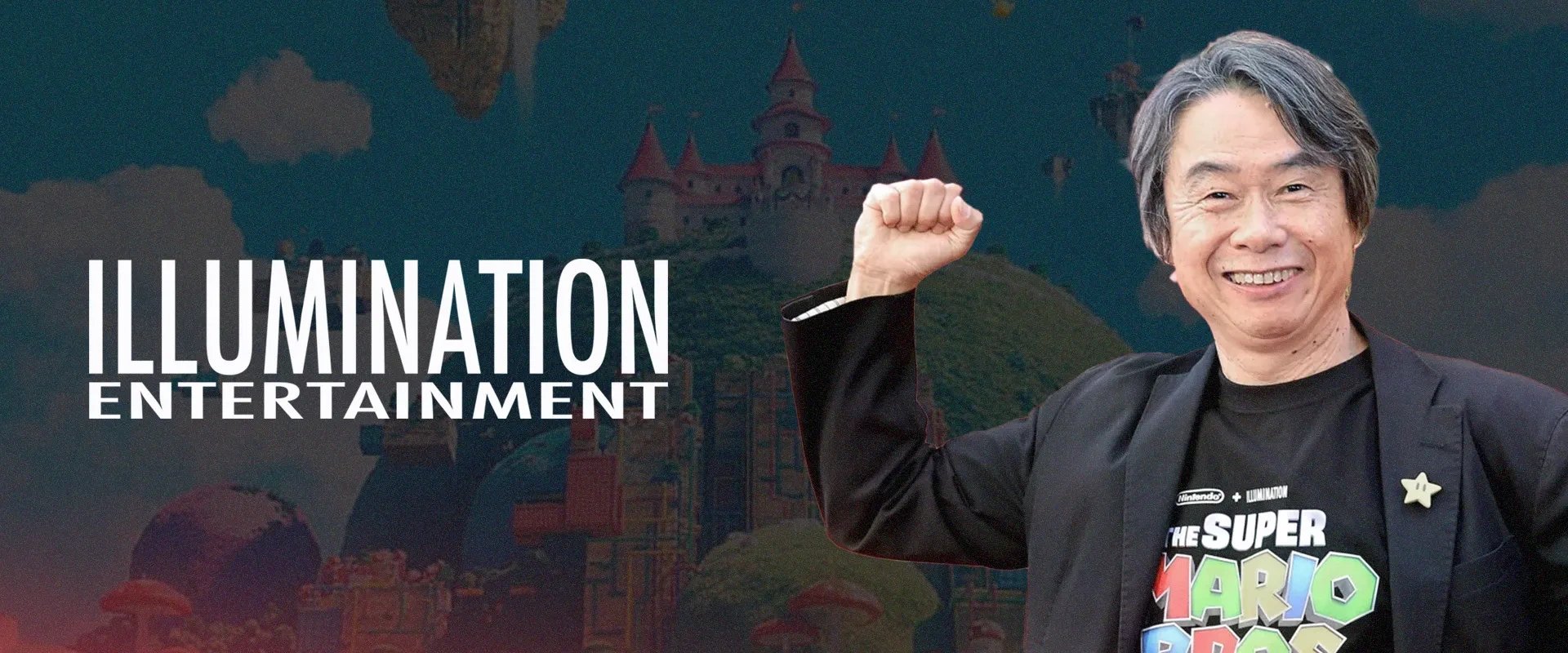 Logo de Illumination Entreterniment à esquerda e Shigeru Miyamoto à direita