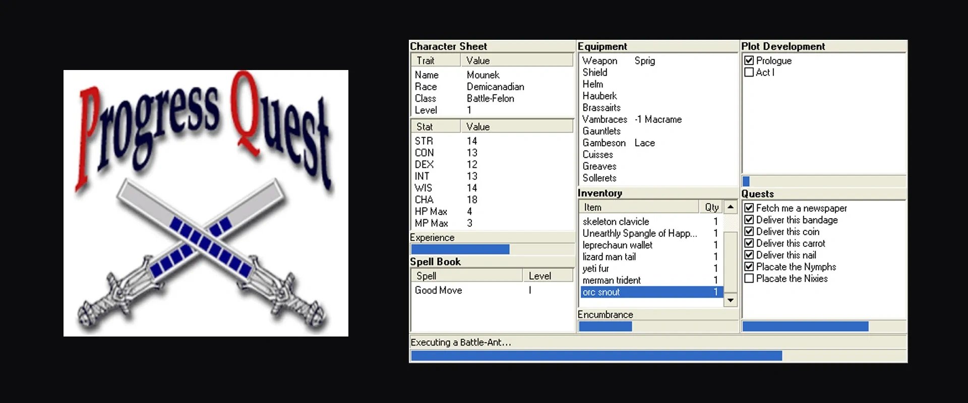 Capa de Progress Quest À esquerda e imagem do jogo à direita
