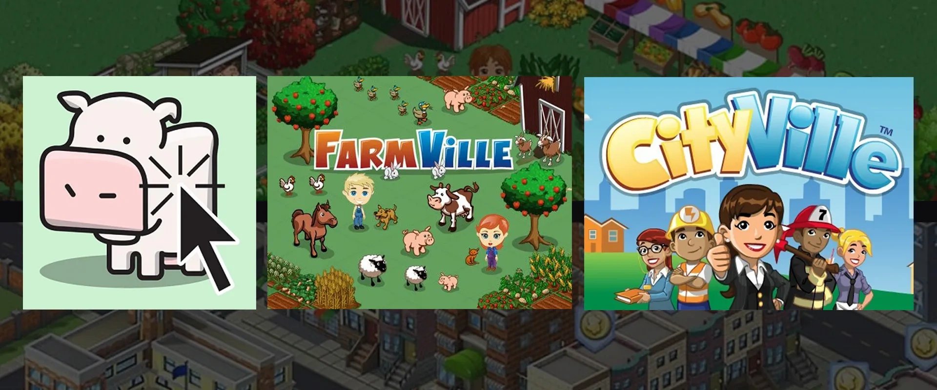 Imagem mostrando artes de Cow Clicker, FarmVille e CityVille