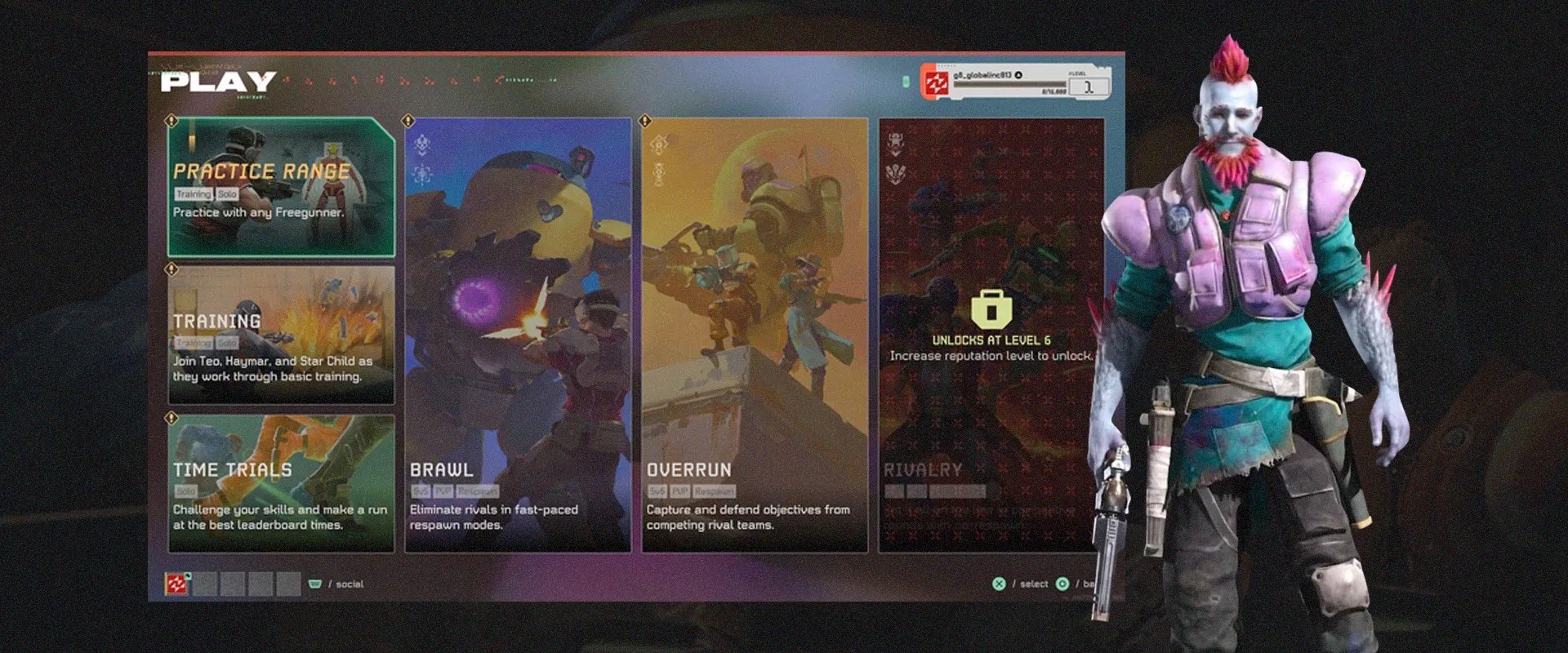 Menu do jogo à esquerda e o personagem Lennox à direita com sua skin especial