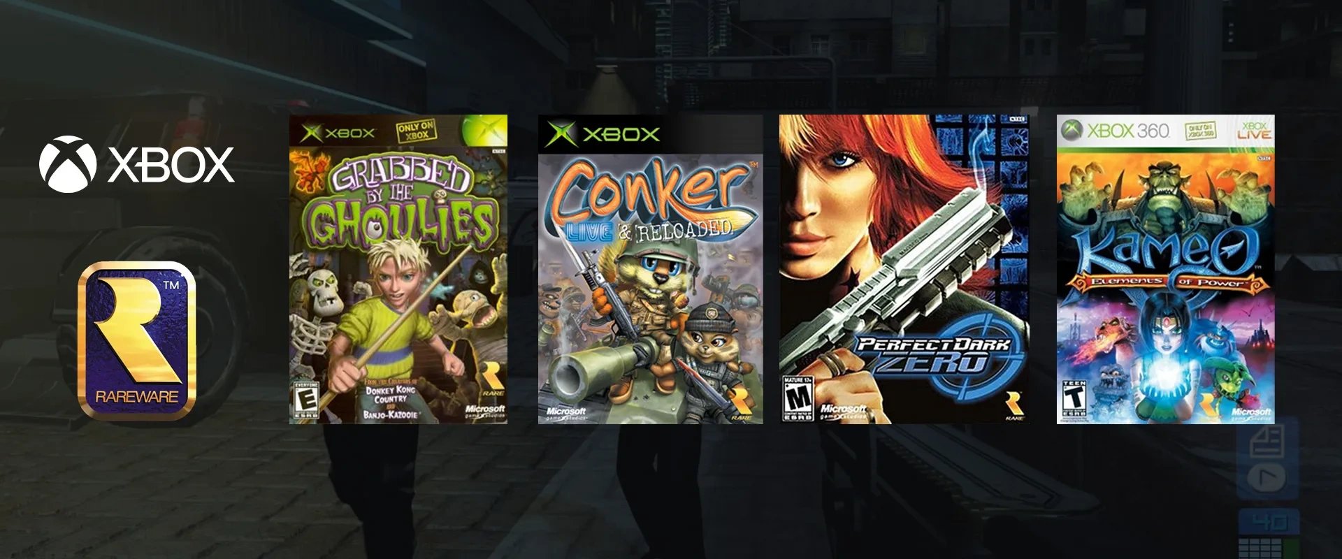 Logo da Xbox e da Rare e capa dos jogos Grabbed by the Ghoulies, Conker : Live and Reloaded, Perfect Dark Zero e Kameo: Elements of Power