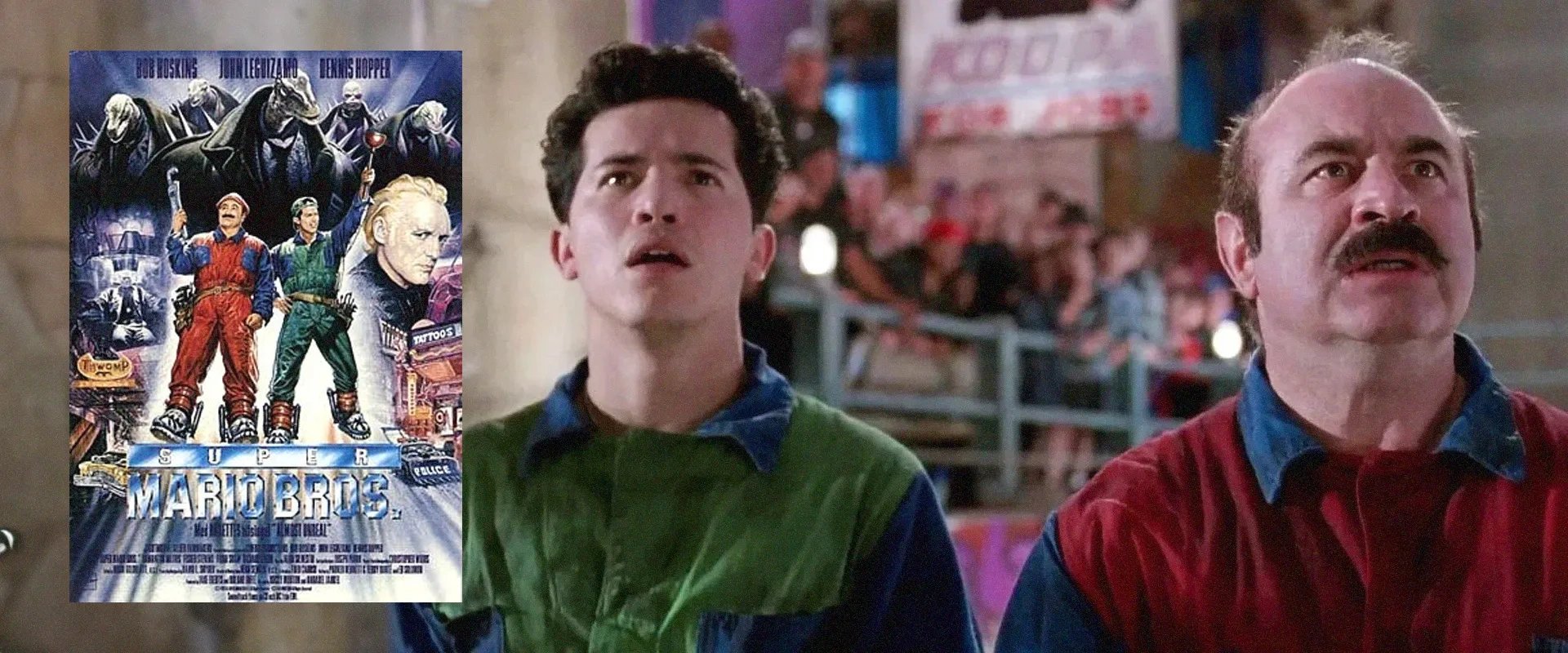 Cartaz de Super Mario Bros. à esquerda com cena do filme mostrando Luigi e Mario com cara de incrédulos