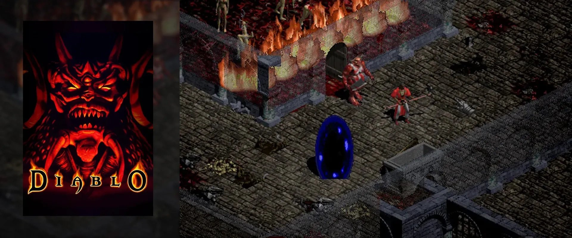 Capa de Diablo à esquerda e imagem do jogo ao fundo