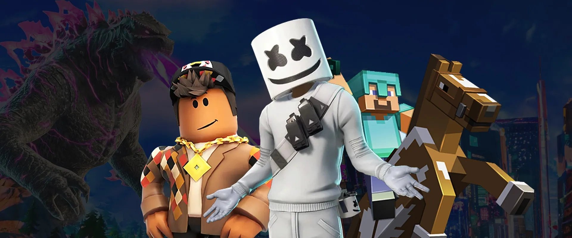 Imagem representando o jogo Roblox, Marshmallow no Fortnite e um personagem de Minecraft 