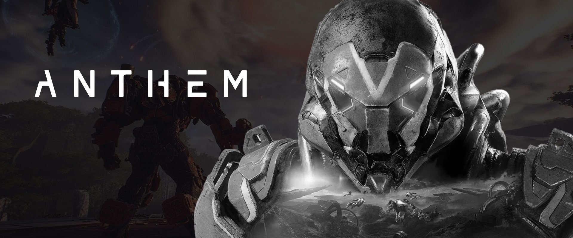 Logo de Anthem à esquerda e um dos personagens em preto e branco à direita, com imagem do jogo ao fundo