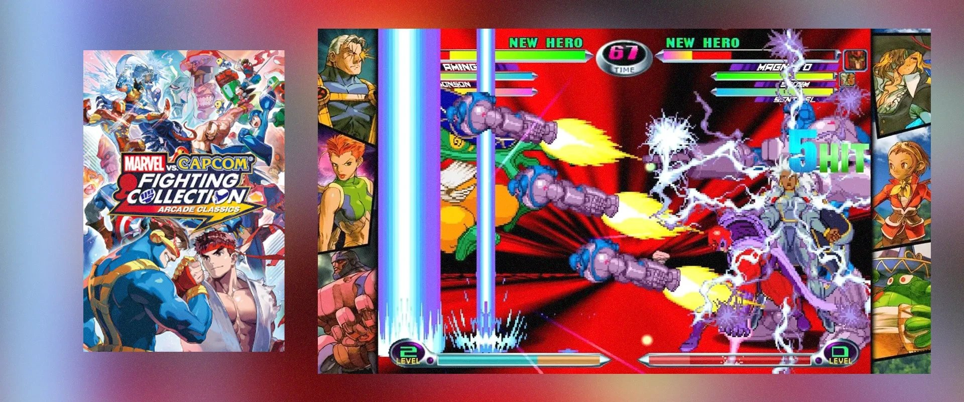 Capa de Marvel vs. Capcom Fighting Collection à esquerda e imagem do jogo à direita