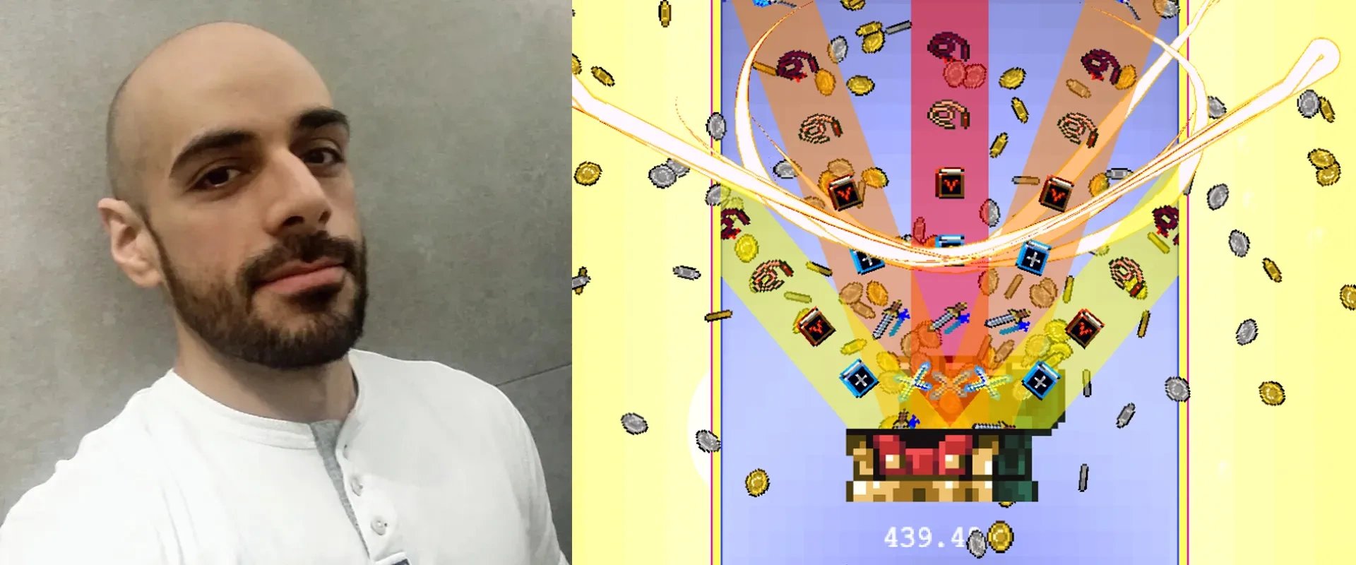 Foto de Luca Galante á esquerda e imagem de uma arca de tesouro explodindo em tesouros