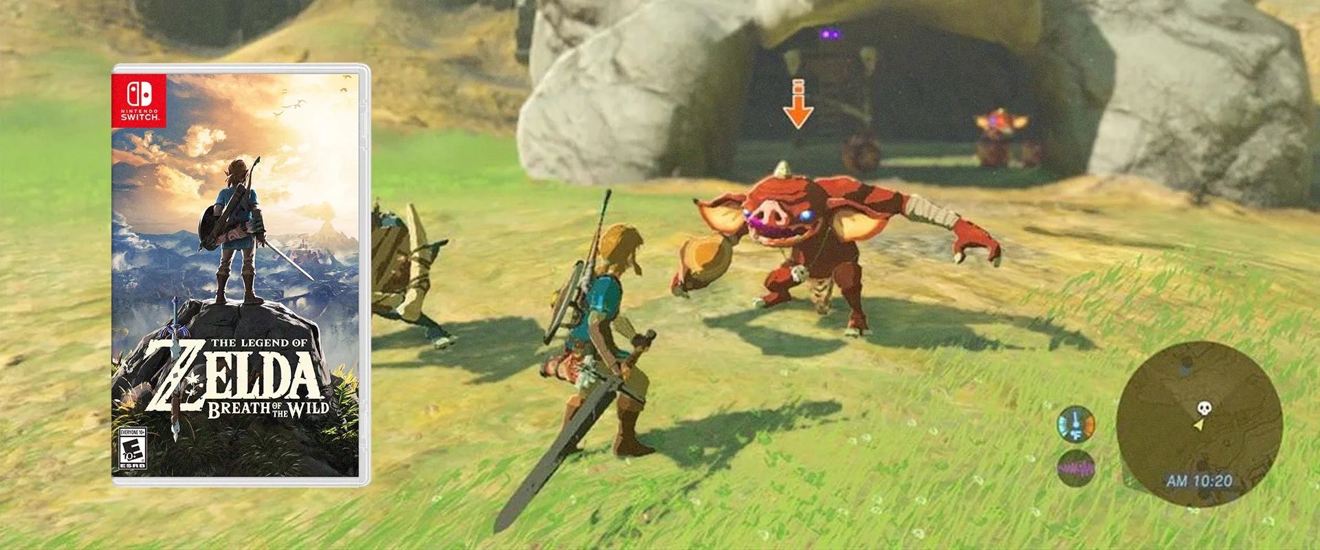 Capa do jogo físico The Legend of Zelda: Breath of the Wild à esquerda e imagem do jogo ao fundo