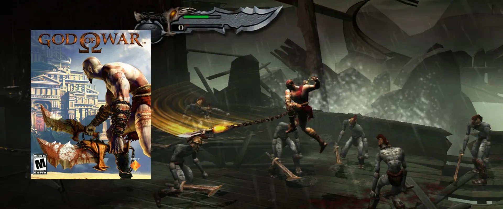 Capa do jogo  God of War à esquerda e imagem do jogo à direita