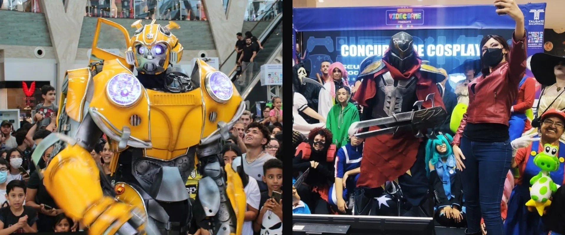 Imagem de várias pessoas durante o Museu Itinerante do Videogame à esquerda com um cosplayer de Bumblebee do Transformers, e a direita um outro cosplayer de Mario de  Super Mario, Hatsuni Miku de Vocaloid e Zed de League of Legends