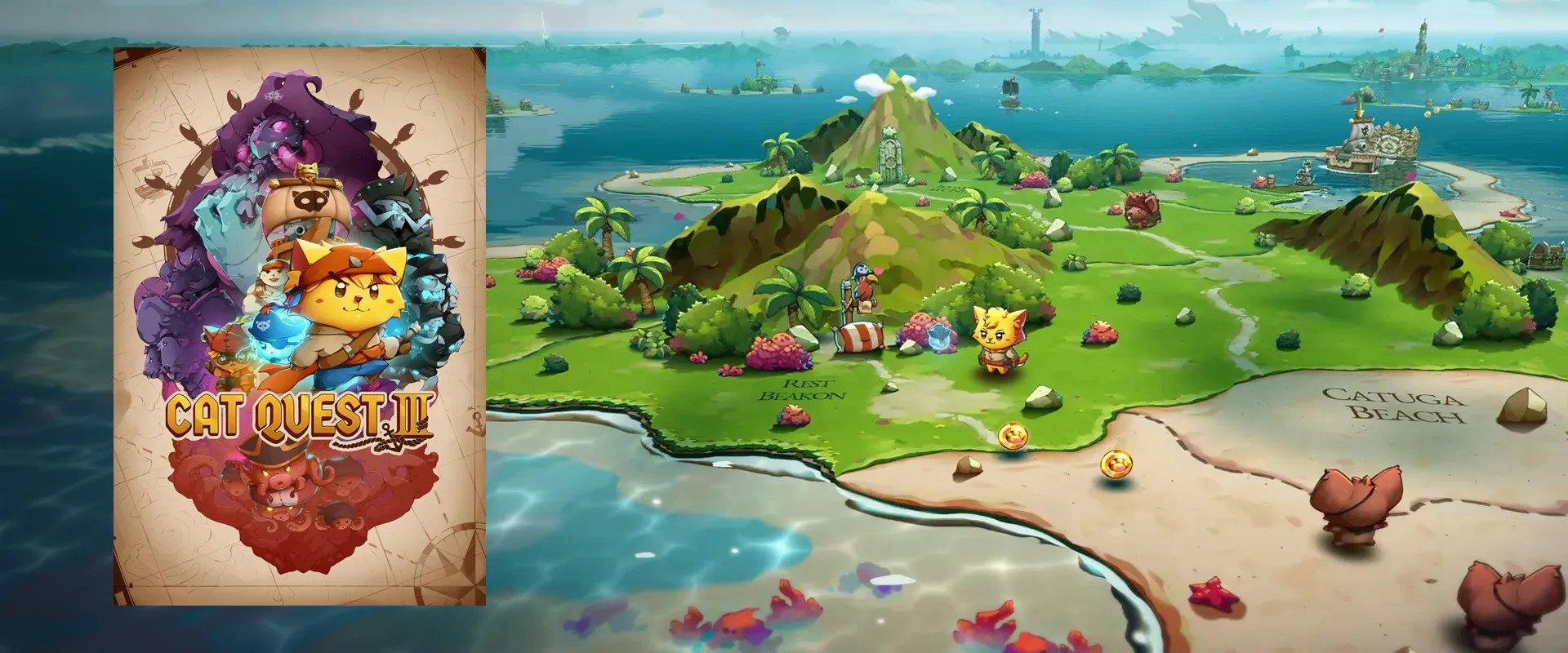 Capa do jogo Cat Quest III à esquerda imagem do jogo à direita