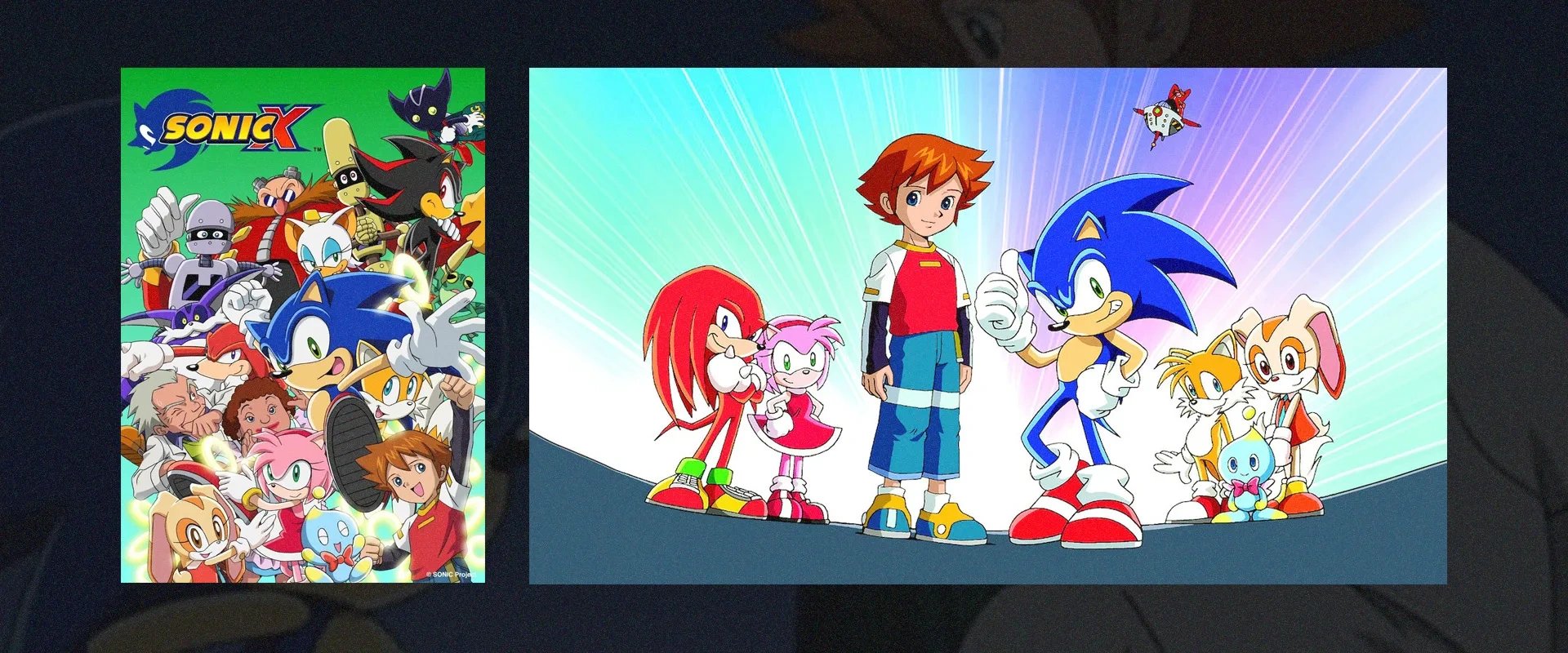 Capa de Sonic X à esquerda e Captura da animação à direita, incluindo personagens como Sonic, Tails, chao, Cream, Knukles, Amy e Chris