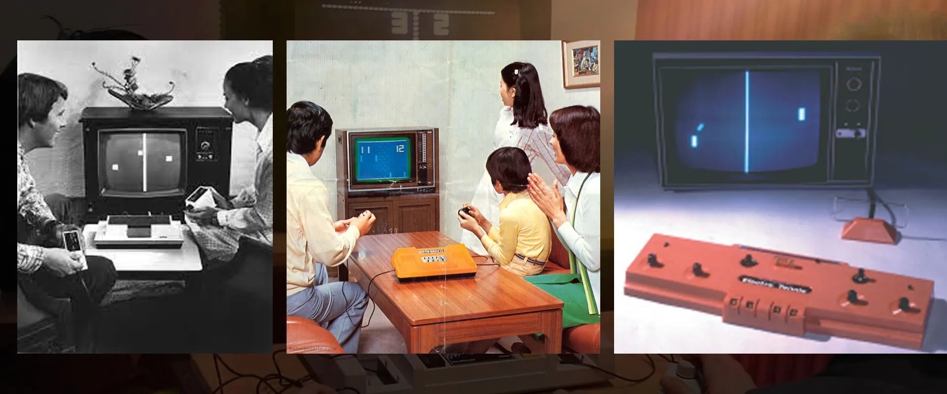 Imagem de alguns consoles que copiaram o Tennis for Two, como Magnavox Odyssey à esquerda, Color TV-Game da Nintendo e Epoch's Electrotennis à direita