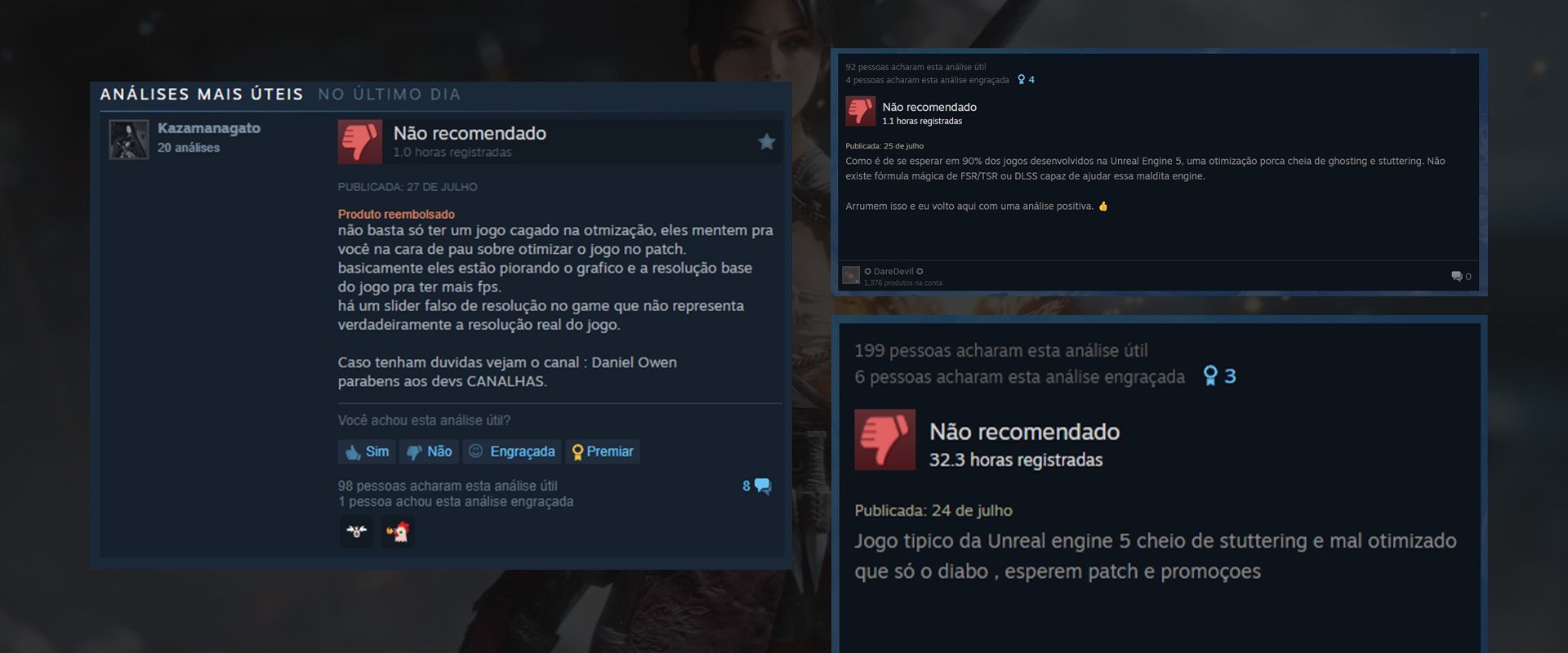 Imagem mostrando três anáises na Steam dizendo dos problemas que o jogo possui, como stuttering (travamentos entre quadros)  ghosting (artefatos de rastros) e baixa definição gráfica