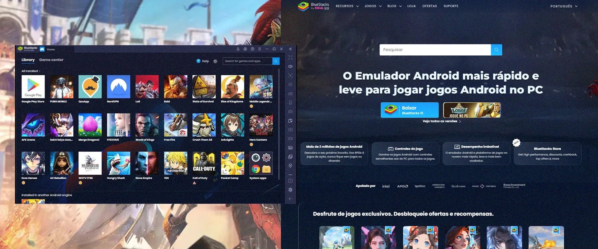 Imagem do emulador funcionando à esquerda, e página oficial do Bluestacks à direita