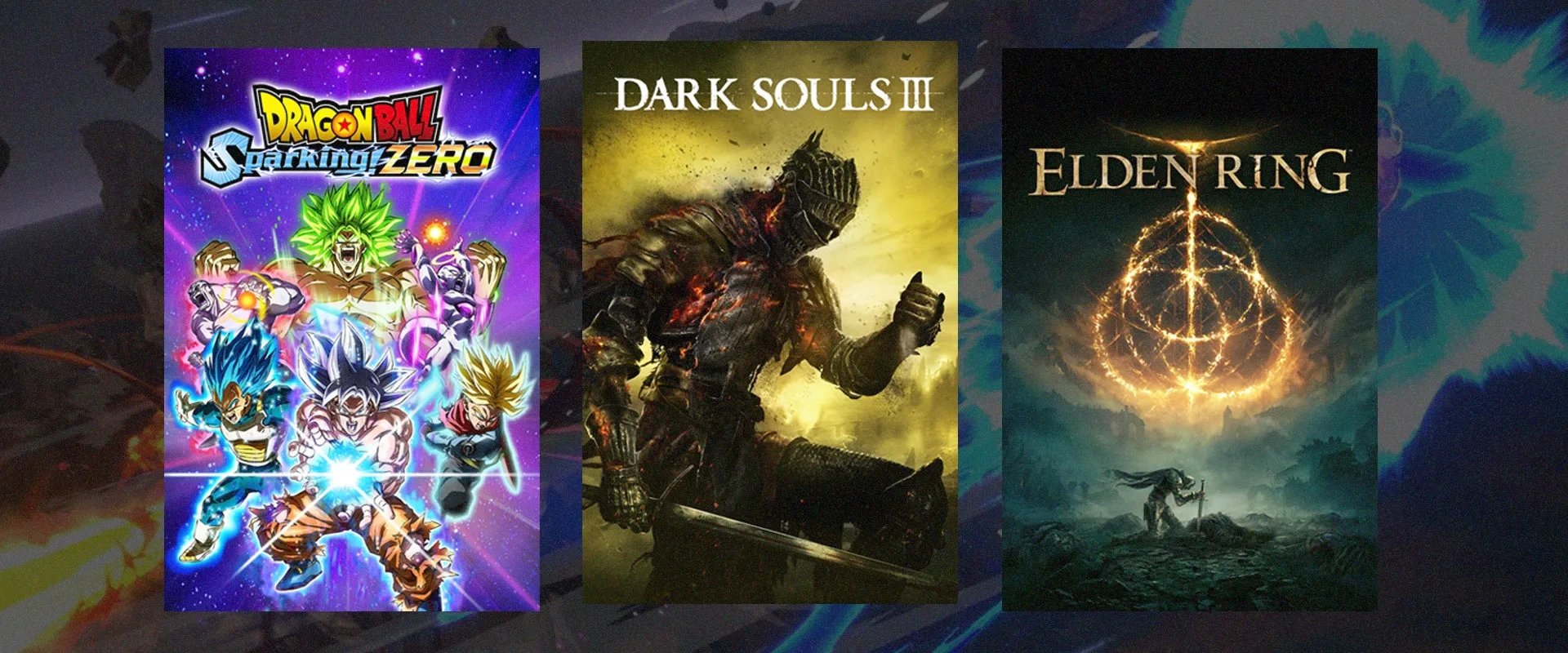 Capa de Dragon Ball sparking zero à esquerda, capa de Dark Souls III ao centro, e Elden Ring à direita