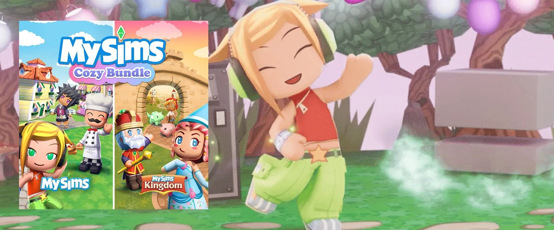 Imagem da capa do jogo à esquerda  MySims Cozy Bundle e imagens do trailer ao fundo
