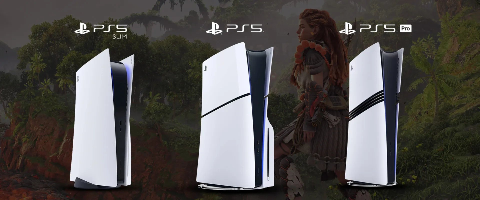 Imagem mostrando o PS5 Slim à esquerda, PS5 original ao centro e PS5 Pro à direita