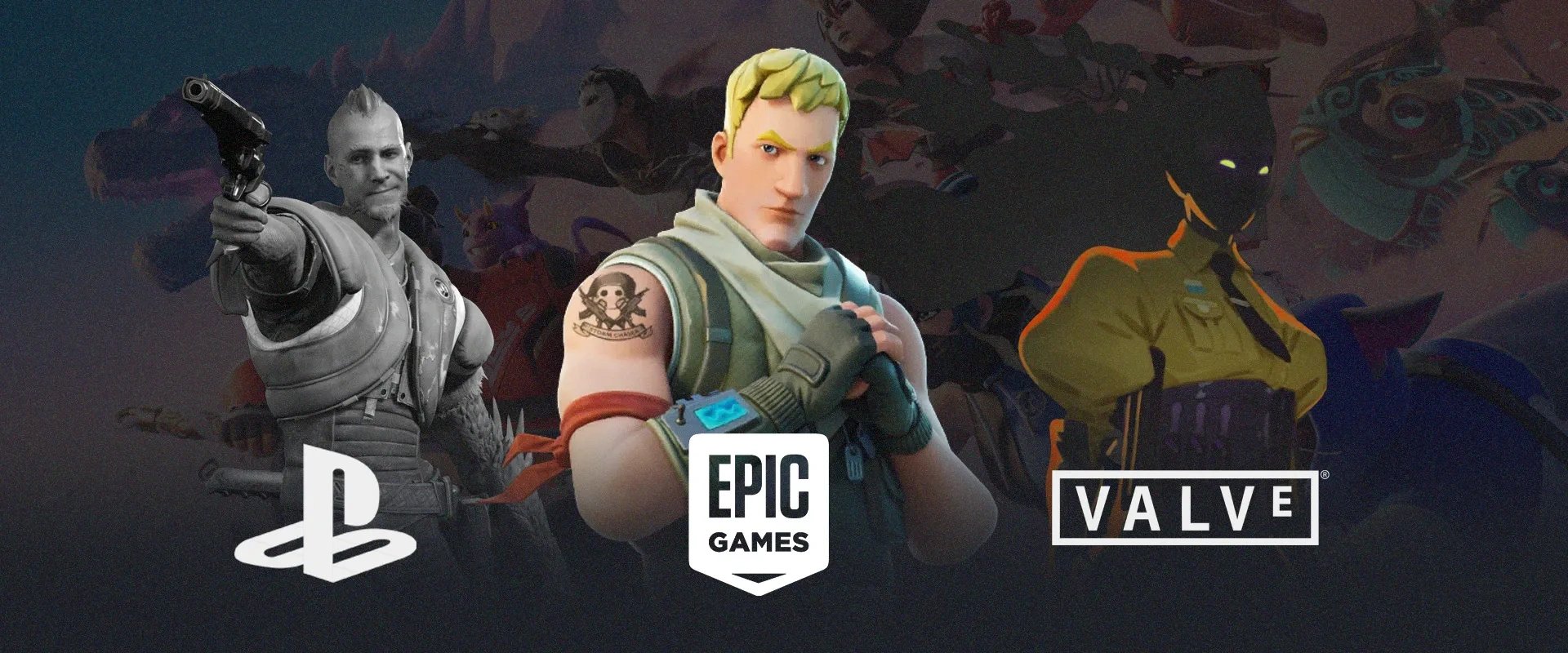 Logo da PlayStaton à esquerda com um personagem do jogo Concord, Imagem de um personagem de Fortnite ao centro e o logo do Epic Games, imagem de um personagem de Deadlock à direita com o logo da valve abaixo