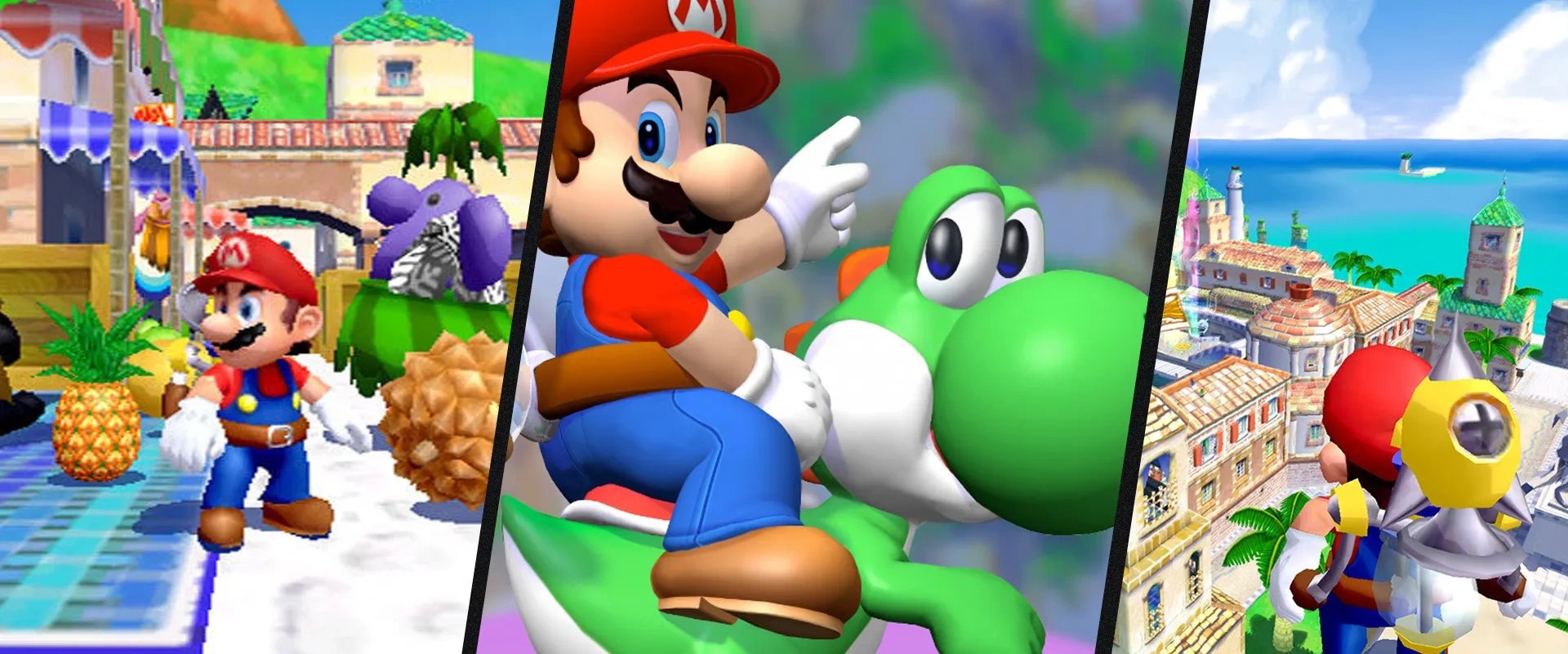 três imagens do super mario sunshine duas mostrando mario explicando delfino plaza, a parte principal do jogo, com a imagem do centro mostrando o Mario e Yoshi