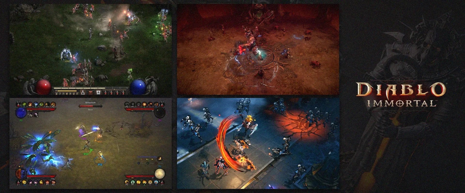 Imagens de diversos jogos diferentes da franquia Diablo e o logo de Diablo Immortal à direita