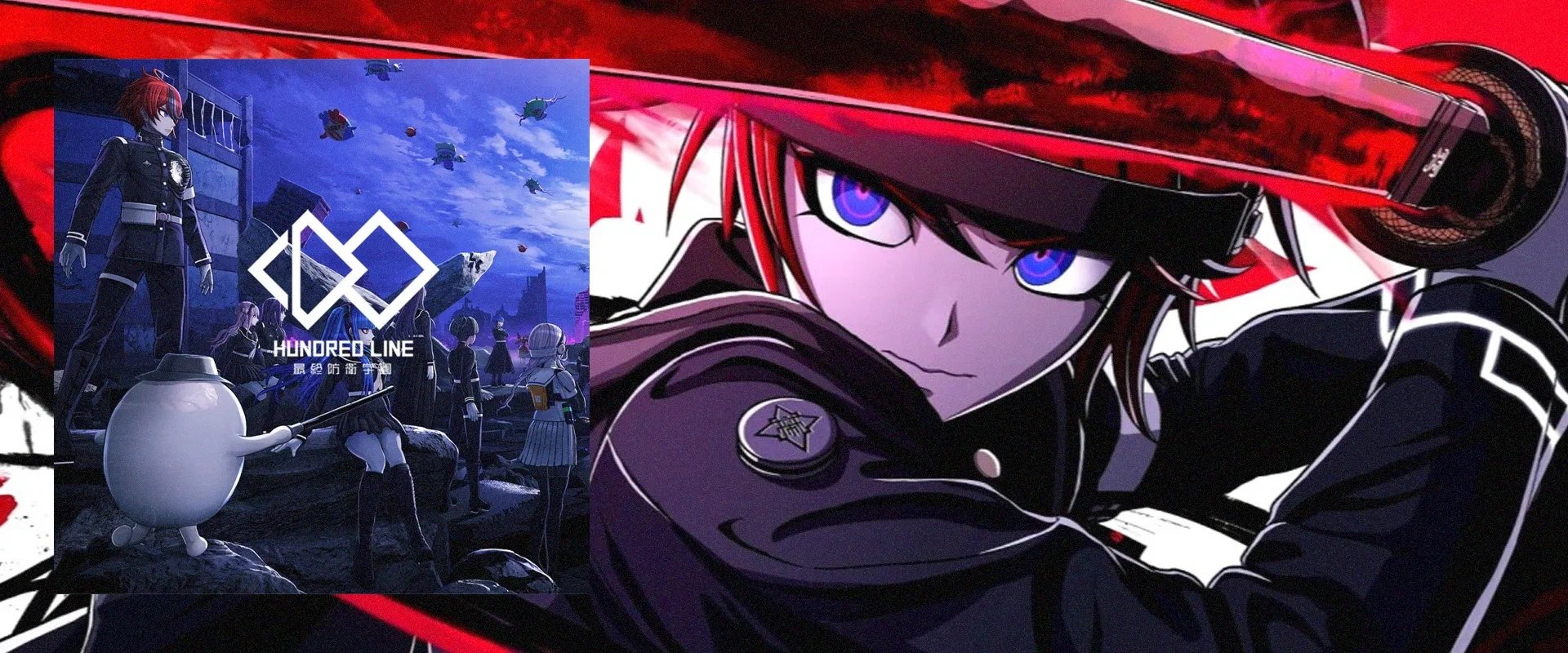 Capa do jogo The Hundred Line: Last Defense Academy à esquerda e imagem do jogo ao fundo