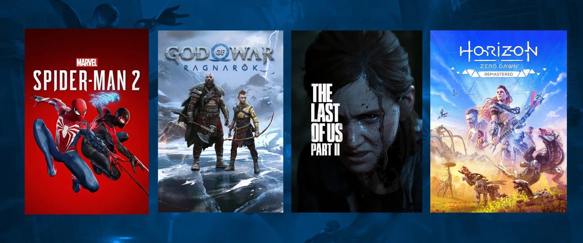 A capa de Marvel's Spider Man 2 à esquerda, seguido pela capa de  God of War Ragnarok, The Last of Us Part II Remastered e Horizon Zero Dawn Remastered por último