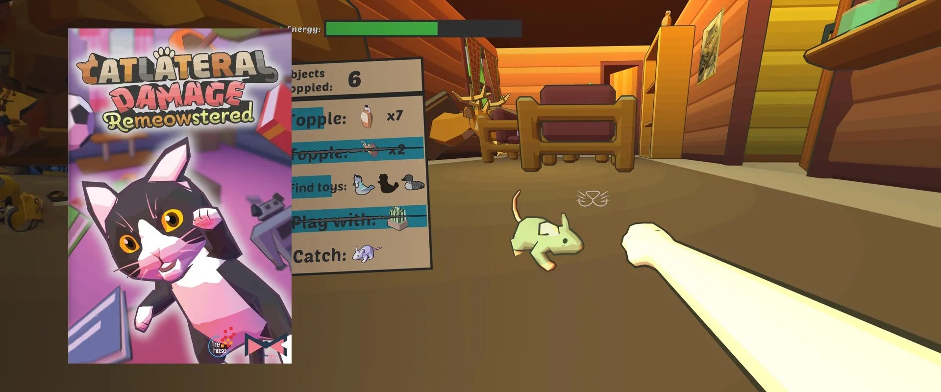 Capa do jogo Catlateral Damage: Remeowstered à esquerda e imagem do jogo ao fundo