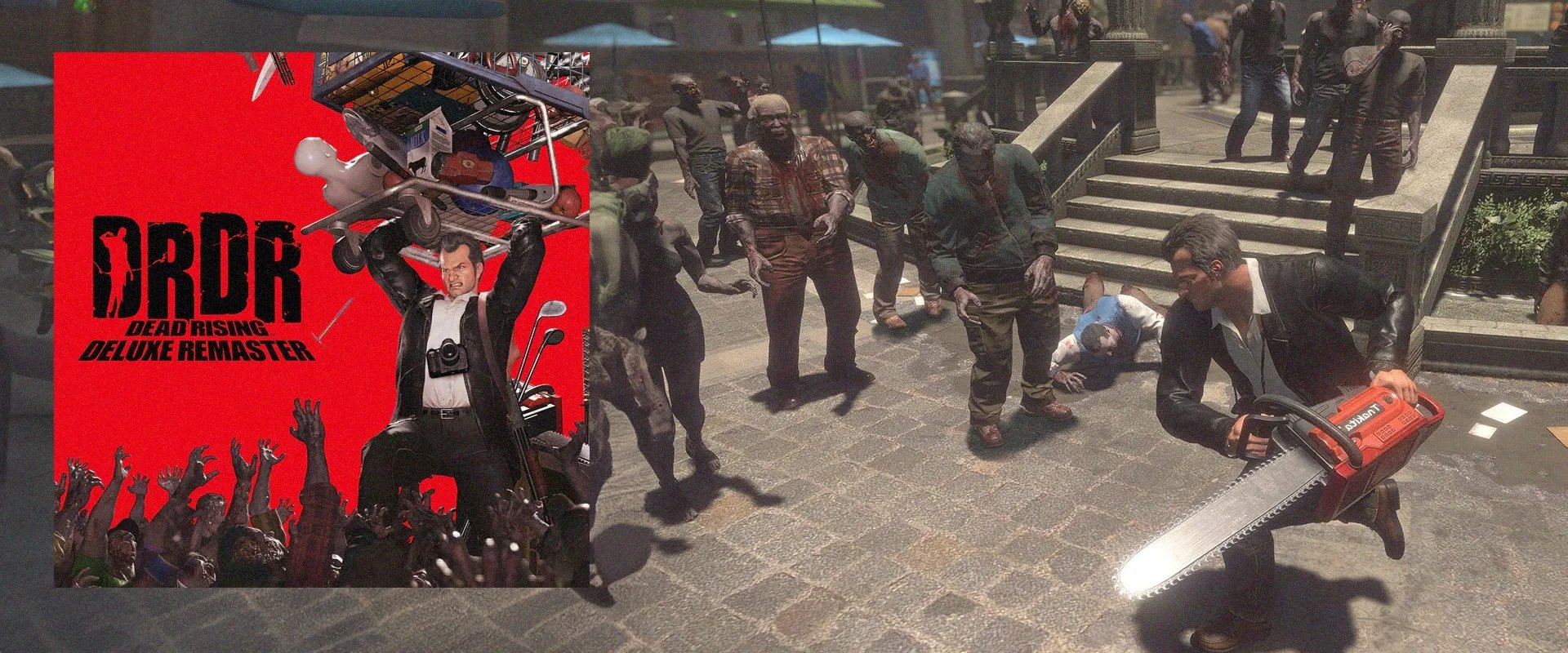 Capa de Dead Rising Deluxe Remaster à esquerda, imagem do jogo à direita