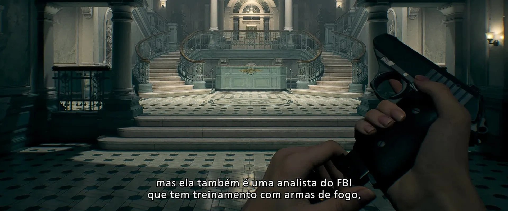 Outra Cena de Resident Evil Requiem em primeira pessoa mostrando Grace Ashcroft portando uma pistola