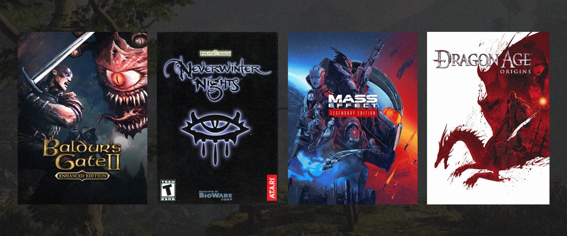 Imagem mostrando as capas de diversos jogos da esquerda para a direita: Baldur's Gate II; NeverWinter Nights; Mass Effect e Dragon Age