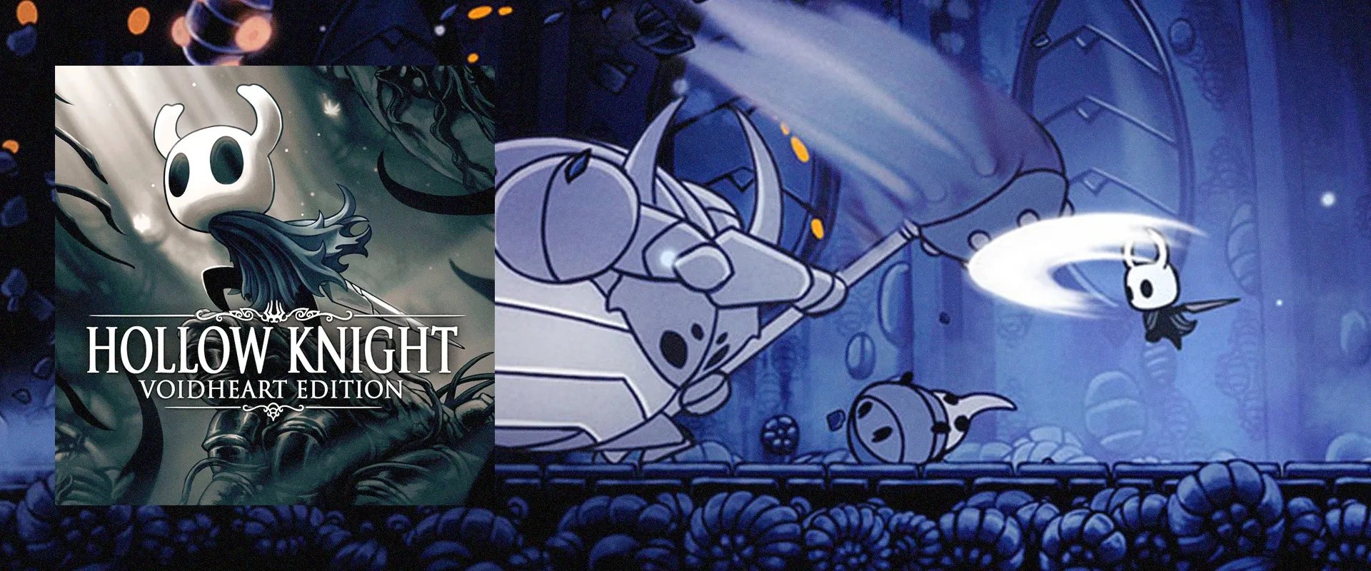 Capa de Hollow Knight à esquerda e imagem do jogo ao fundo