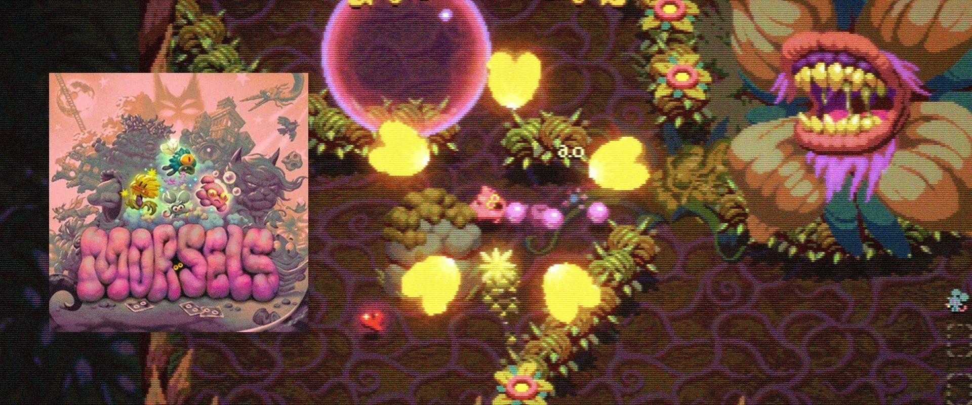 Capa de Morsels à esquerda, imagem do jogo ao fundo