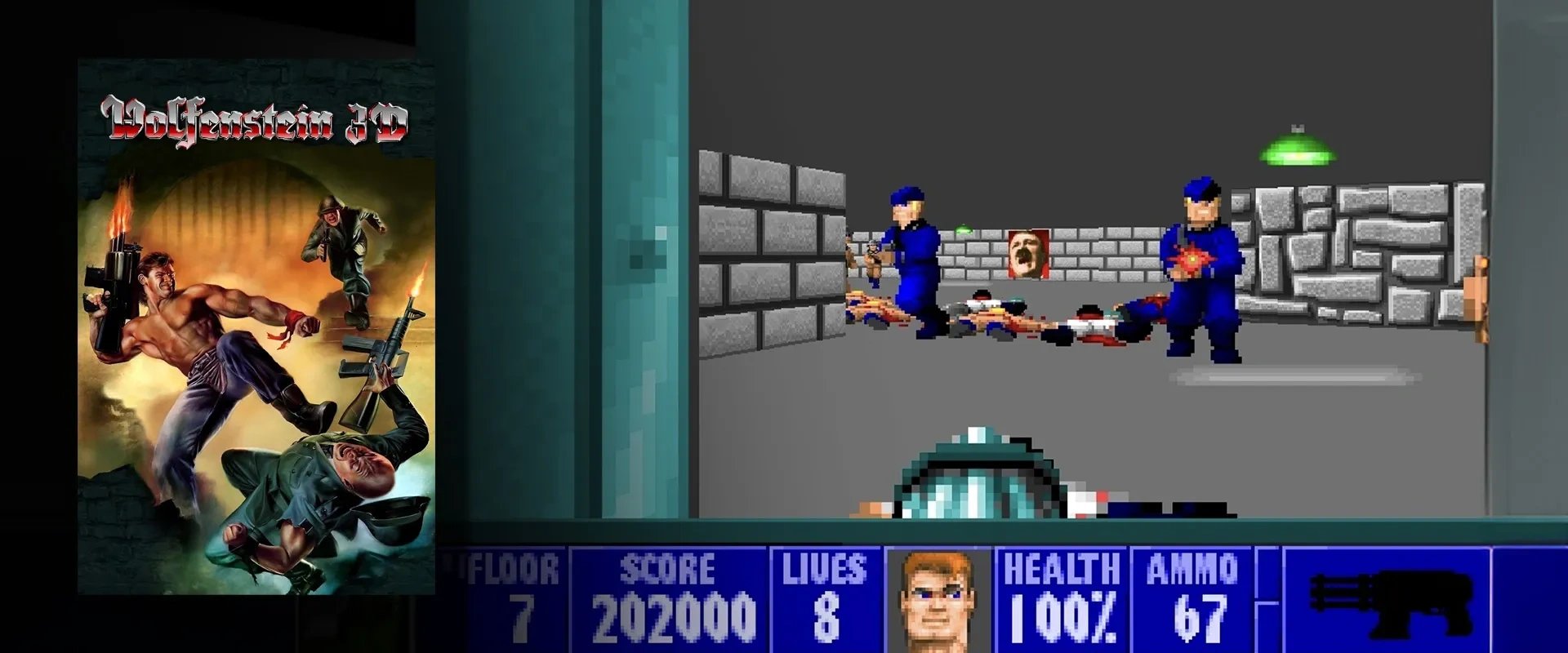 Capa de Wolfstein 3D à esquerda, imagem do jogo ao fundo